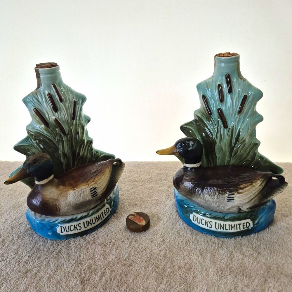 Pair 1974-75 Jim Beam Ducks Unlimited Mallard Decanters Regal China Empty